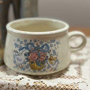 Vintage Floral Basket Ceramic Mug/Soup Bowl - Cream with Blue & Pink Accents